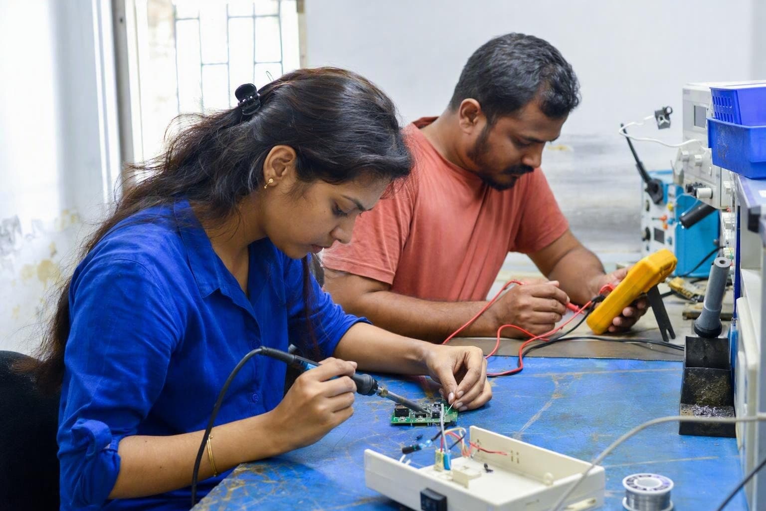 Two engineers assembling and testing a portable field instrument