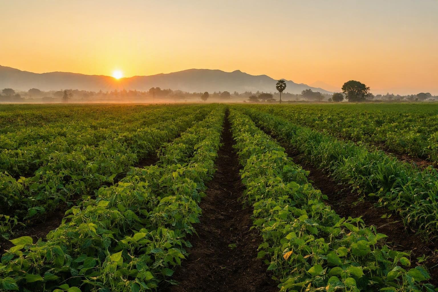 Cultivated agricultural fields in South India at sunrise