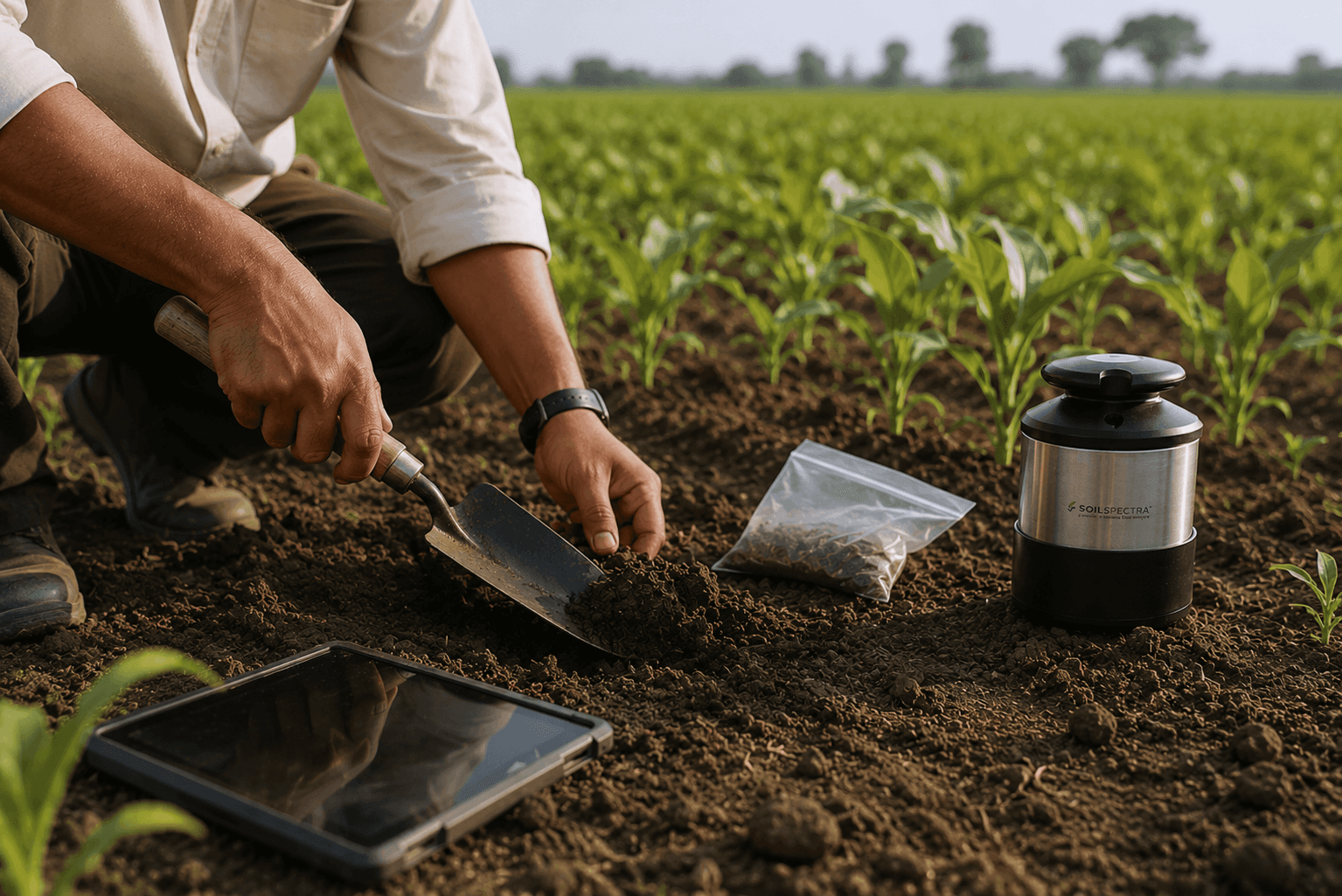 A soil sample being collected beside the Soil Spectra instrument
