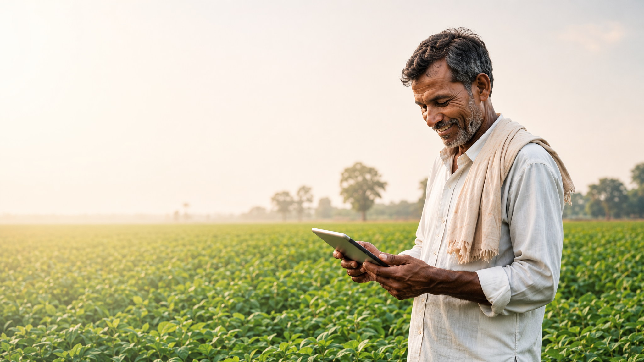 A farmer reviewing field information on a tablet