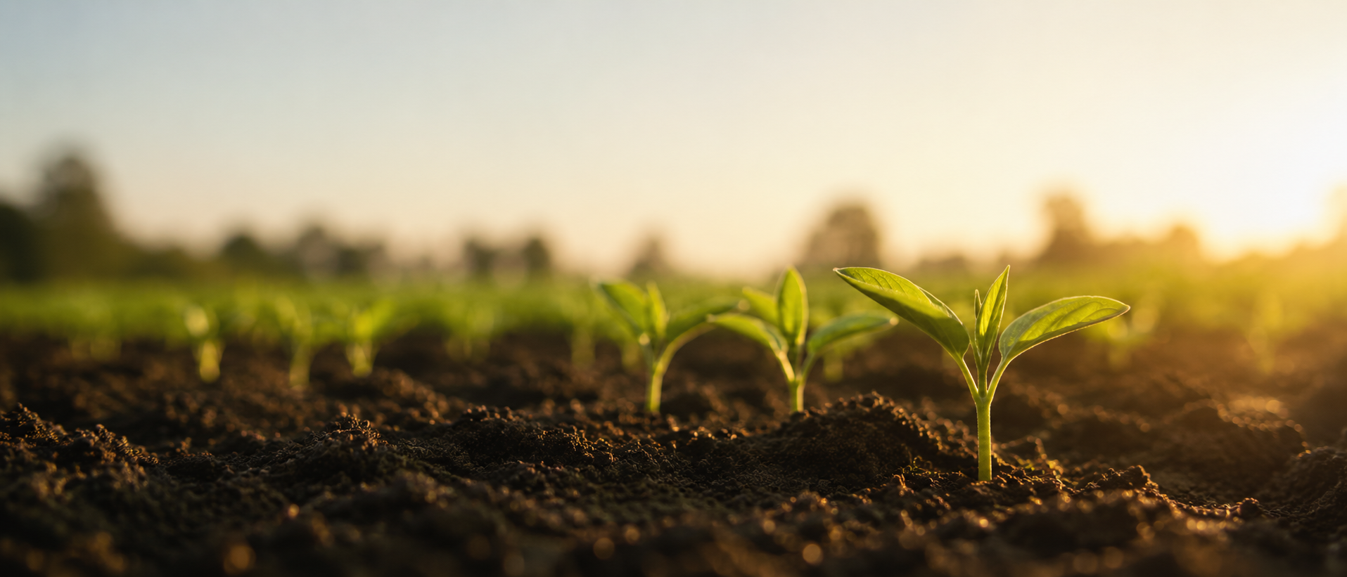 Young seedlings emerging from healthy soil at sunrise