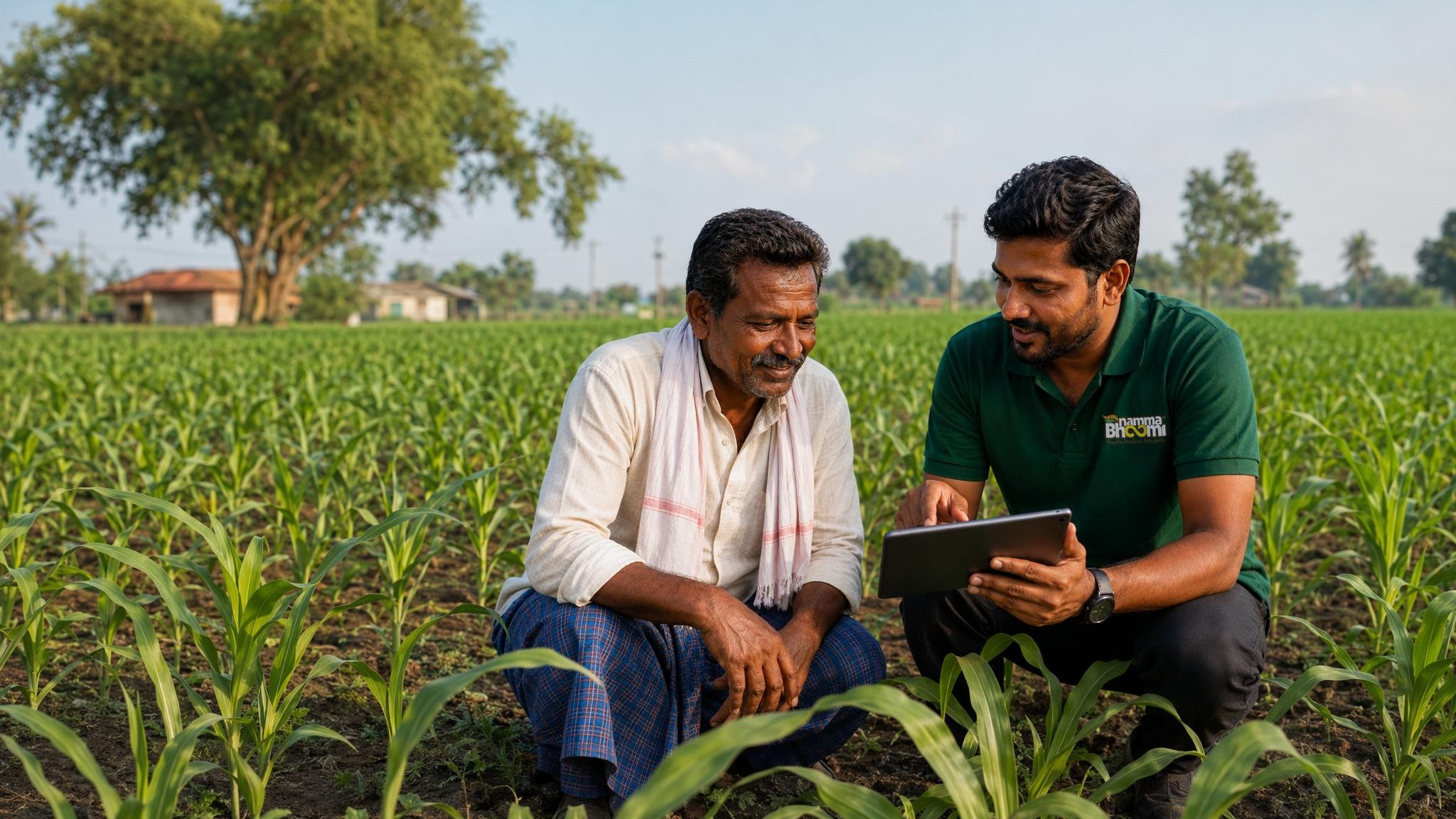 A Namma Bhoomi village entrepreneur working with a farmer